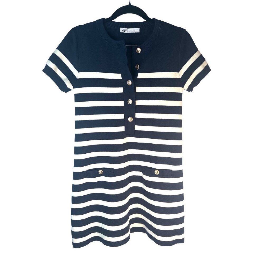 ZARA Navy & White Small Striped Short Sleeve Button Front Shift Dress - Picture 8 of 14